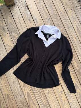 89th & Madison Women's Size L Black Cardigan with Faux Layered White Collar